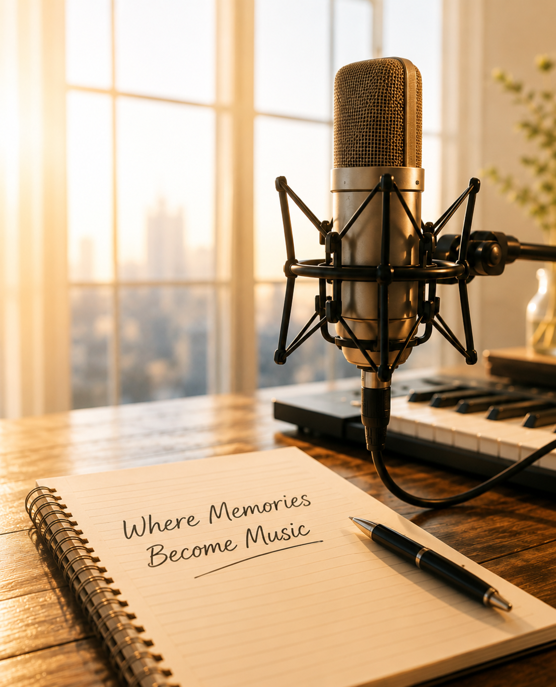 Recording studio with condenser microphone and warm lighting
